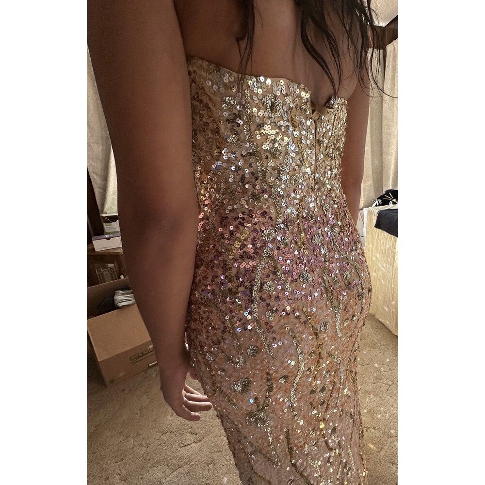 Scala Size 2 Strapless Gold Sequin Beaded Silk Ma… - image 4